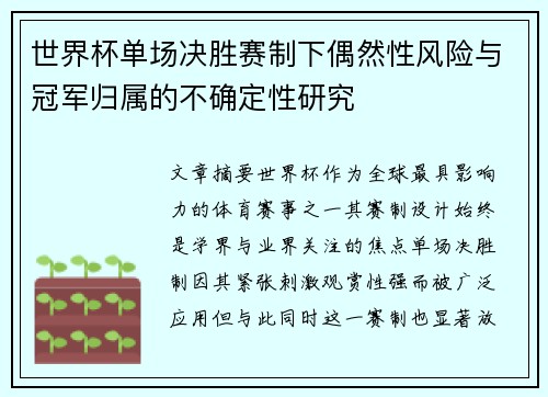世界杯单场决胜赛制下偶然性风险与冠军归属的不确定性研究 世界杯单场决胜赛制下偶然性风险与冠军归属的不确定性研究