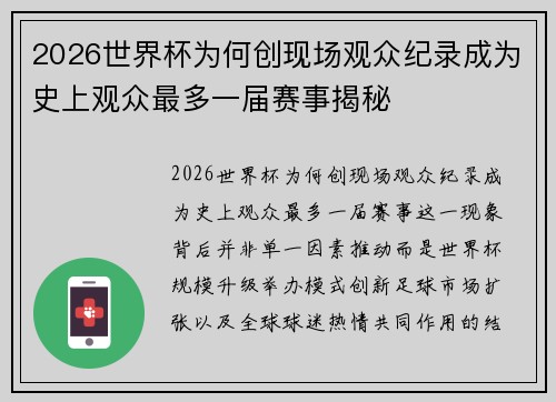 2026世界杯为何创现场观众纪录成为史上观众最多一届赛事揭秘